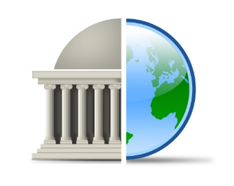 Split graphic showing an academic building with a dome and columns on the left and the world on the right