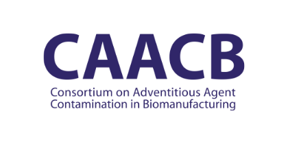 CAACB Logo - CAACB in large dark blue letters over the words consortium on adventitious agent contamination in biomanufacturing