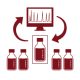 graphic icon in dark red of a computer with a line graph on it over a series of medicine vials; the center vial has a box around it and is higher than the others with arrows going from the computer to the selected vial and then from the vial back to the computer again