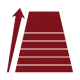 graphic icon in dark red of a trapezoid with several layers building from bottom to top with an arrow going up the left side