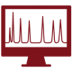 graphic icon in dark red of a computer screen with a line graph across it