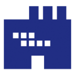 dark blue graphic icon of a factory with three smoke stacks, some windows on the side, and a door in the bottom middle of the building