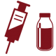 graphic icon in dark red of a syringe half full of medicine on the left and a medicine vial full of medicine on the right