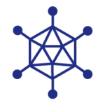 dark blue icon of a hexagonal shape with lines coming out of each point with a dot on the end of each