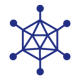 dark blue graphic icon of a hexagonal inter-connected web with dots coming off of each of the points
