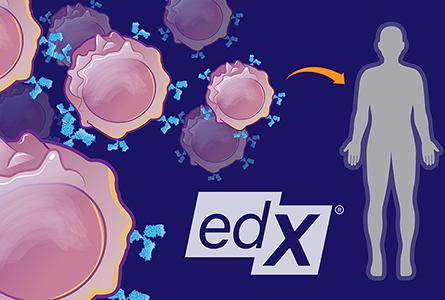 dark blue background with pink cells filling the left side moving toward the middle, an orange arrow pointing towards a grey person outline on the right with the edX logo below it all